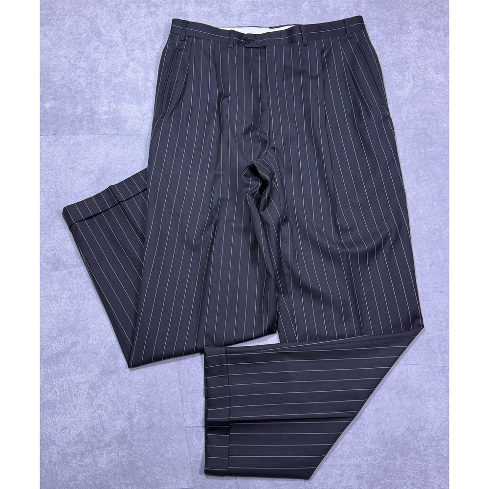 Canali Pants Mens 35x32 Proposta Super 120s Wool Black Pinstripe Pleated Cuffed
